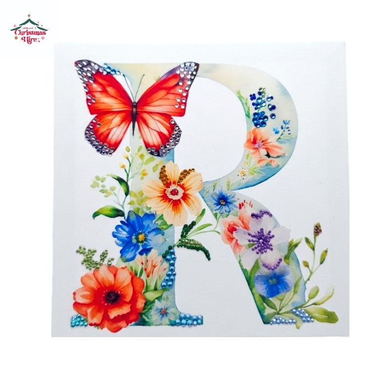 Floral Monogram Rhinestone Printed Canvas - Letter R -